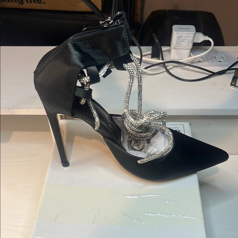 Black Stiletto Heels with Silver Accents